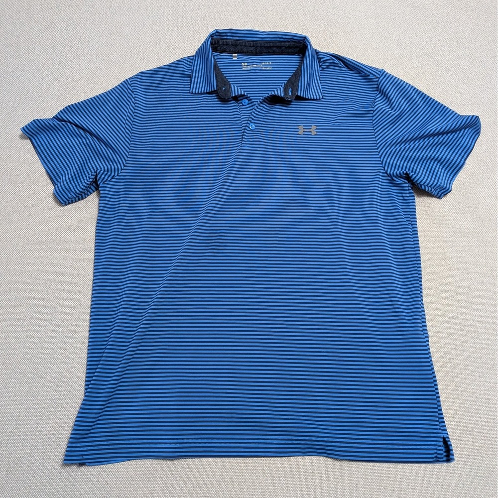 Under Armour Men's Polo Shirt Blue Striped Large HEATGEAR Loose Fit